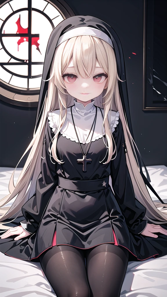 flat color), monochrome,(lineart), 1girl, solo, red eyes, blonde hair, long hair, swept bangs, medium breasts, nun, short dress, black pantyhose, cross necklace, thighs, smirk, half-closed eyes, shaded face, (close-up), cowboy shot, looking at viewer, sitting, crossed legs, white background, red stained glass, ruins, broken glass, cross, blood_on_face, blood splatter, masterpiece,bestquality, [artist:AGM86997980],artist:ciloranko,artist:wlop,[artist:sho_(sho_lwlw)],artist:ask(askzy),[artist:yuriTizu],[artist:ciloranko],[[artist:sola_syu]],[artist:morikura_en], , onnk
