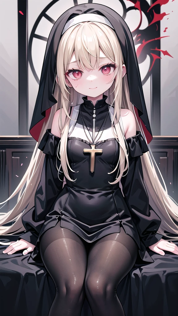 flat color), monochrome,(lineart), 1girl, solo, red eyes, blonde hair, long hair, swept bangs, medium breasts, nun, short dress, black pantyhose, cross necklace, thighs, smirk, half-closed eyes, shaded face, (close-up), cowboy shot, looking at viewer, sitting, crossed legs, white background, red stained glass, ruins, broken glass, cross, blood_on_face, blood splatter, masterpiece,bestquality, [artist:AGM86997980],artist:ciloranko,artist:wlop,[artist:sho_(sho_lwlw)],artist:ask(askzy),[artist:yuriTizu],[artist:ciloranko],[[artist:sola_syu]],[artist:morikura_en], , onnk
