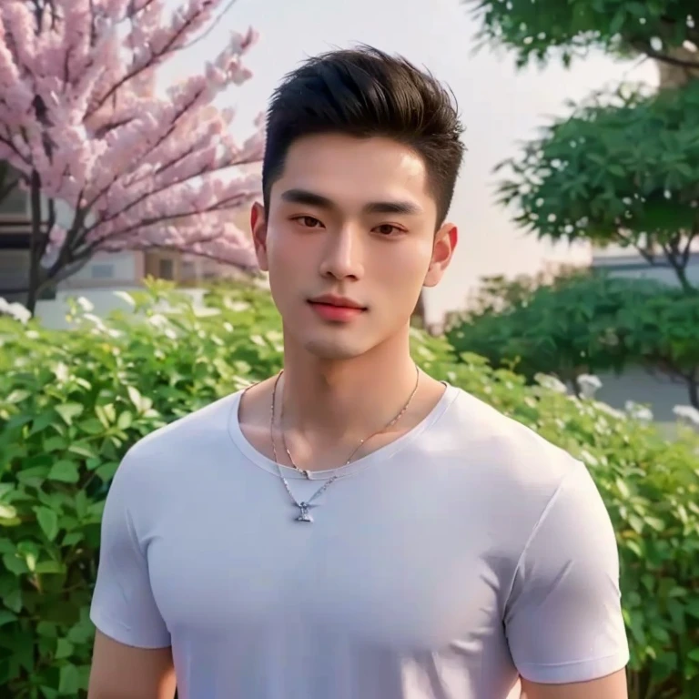 Aaraf wearing a white shirt and necklace stood in front of a bush., Haraf man looking at camera, perfect has a round face, A well-maintained model., Southeast Asian man with a round face, 3-D profile picture, 8K, 45,000,000 pixcls, realistic light colors, beautiful young asian man, charming anime, Comfortable pose, Anime Asian man in real life, attractive handsome man, young asian man, Russian mixed with Japanese, perfect body, Freestyle photo of a handsome young man, beautiful asian man, The character is in her natural pose., Handsome Chad Chin, South Korean man, 2 8 years, 2 7 years,