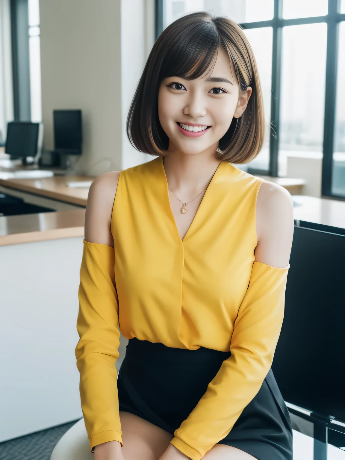 ((Highest quality, 8K, masterpiece: 1.3)), beautiful girl, Pure, Melon face, Kind and cute, sweet smile, Pure desire, Slender body, (front), (Tilt your head), ((Looking into the camera)), Yellow office suit and short skirt, Black Short Hair, Flowing shoulders, big, round, Iris, clear, Big eyes, Moist red lips, sweet, Sitting in the office, Bodies facing random directions, (whole body),