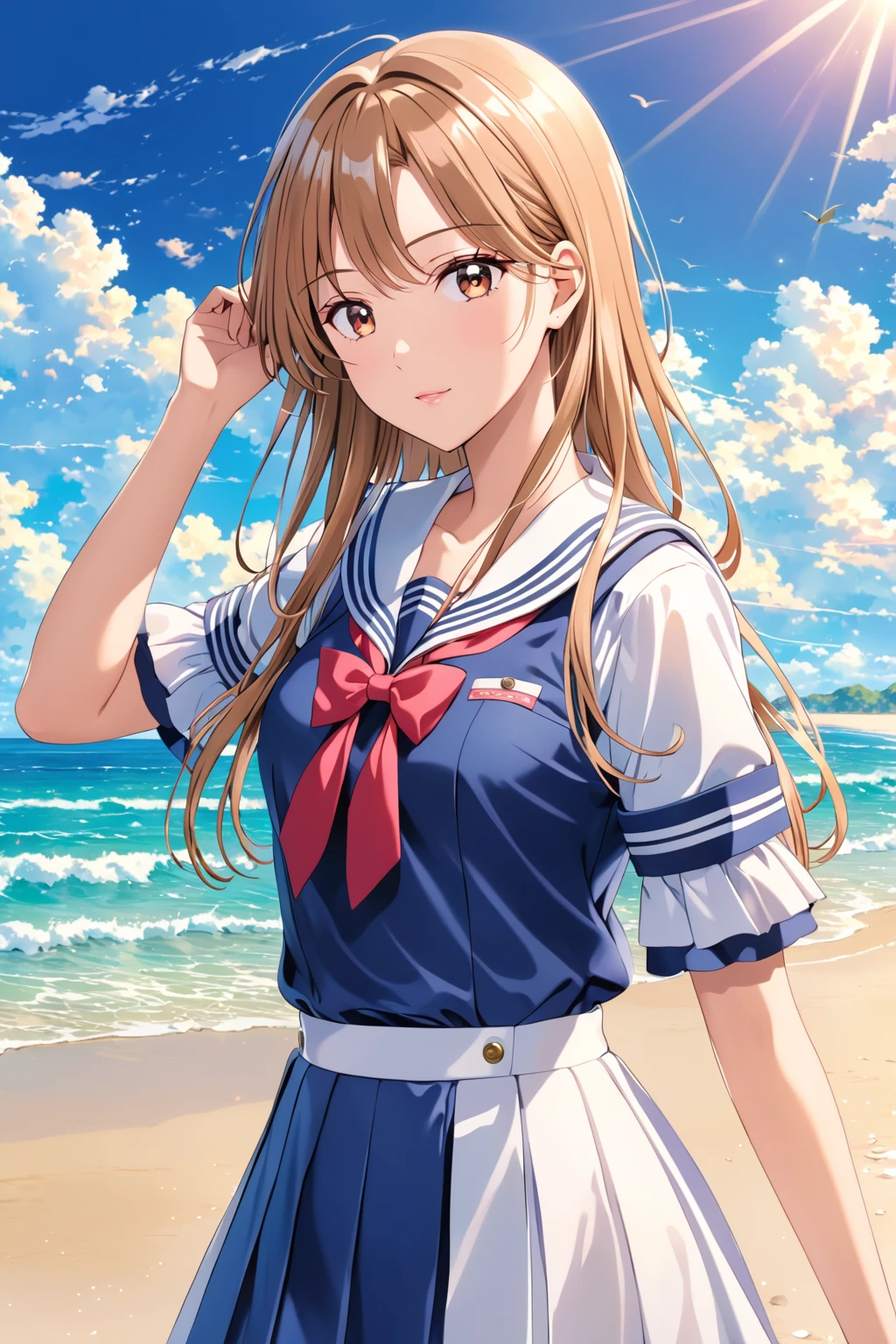 (Ultra-detailed illustrations:1.2),Handsome,Anime Girls in sailor outfit standing on beach with sun shining,  Cute girl anime visuals, Beautiful anime school girl,  Smooth anime CG art, maAlso kitagawa fanart, Official Artwork, attractive Anime Girls, (Anime Girls), Also, Official Art, Fine details, Anime Best Girl, portrait Anime Girls