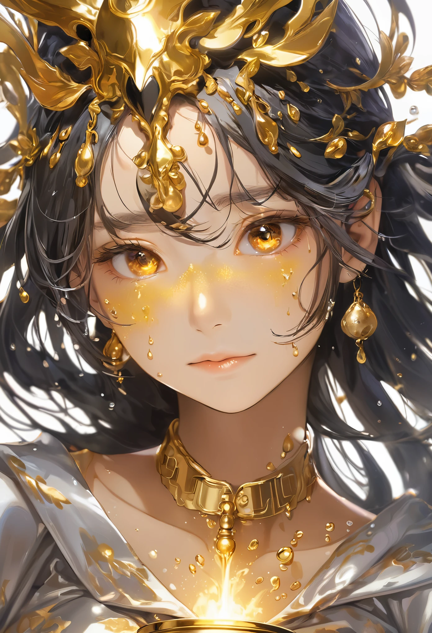 One girl, Female gold spirit, Metal hair, Boiling mercury inside, Put a few drops of mercury on the skin,