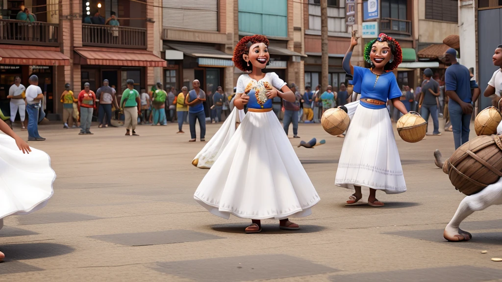 Pixar, White woman playing Agbe and dancing maracatu in downtown SP