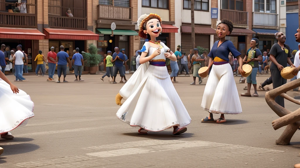 Pixar, White woman playing Agbe and dancing maracatu in downtown SP