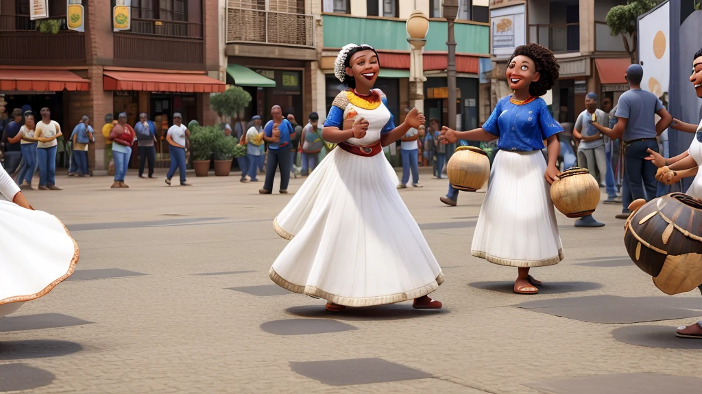 Pixar, White woman playing Agbe and dancing maracatu in downtown SP