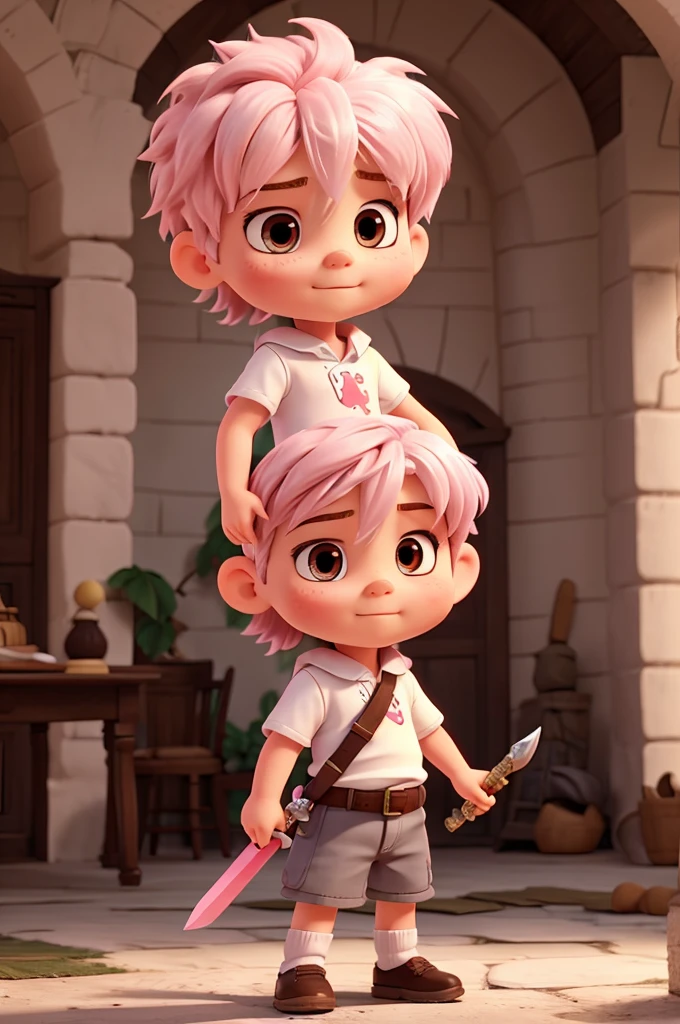 little boy with short pink white hair, white eyes, with a big sword in the shoulder