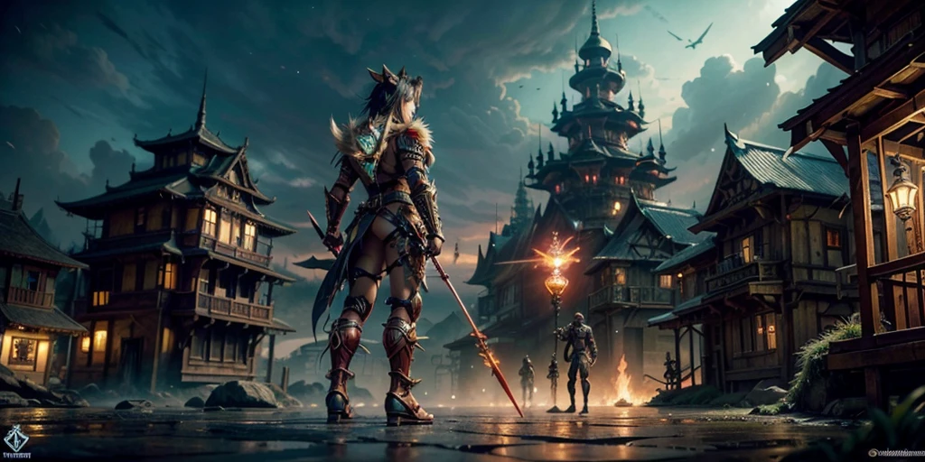 Ancient anime style, artbook, comicbook, RPG, futuristic medieval. Goblin fox warrior, dark red skin, with human face with light red glowing tribal magical tattoos, goblin base with fox features, neon details, with technological tribal armor with glowing magical markings, full body, bare feet, spear with magical markings shiny. Epic scene, wide and deep scenery, with several depth planes, stylish and dynamic pose. In the middle of a magical steampunk technological village, mixing technology and vegetation, buildings with neon details and glowing magical vegetation, magical technological airships with shiny details inspired by ships flying in the sky.