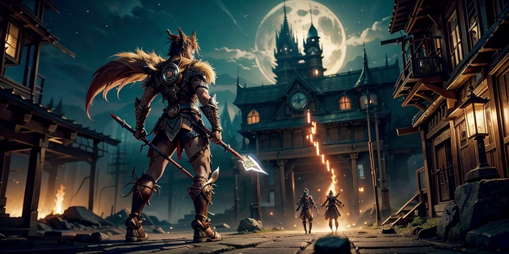 Ancient anime style, artbook, comicbook, RPG, futuristic medieval. Goblin fox warrior, dark red skin, with human face with light red glowing tribal magical tattoos, goblin base with fox features, neon details, with technological tribal armor with glowing magical markings, full body, bare feet, spear with magical markings shiny. Epic scene, wide and deep scenery, with several depth planes, stylish and dynamic pose. In the middle of a magical steampunk technological village, mixing technology and vegetation, buildings with neon details and glowing magical vegetation, magical technological airships with shiny details inspired by ships flying in the sky.