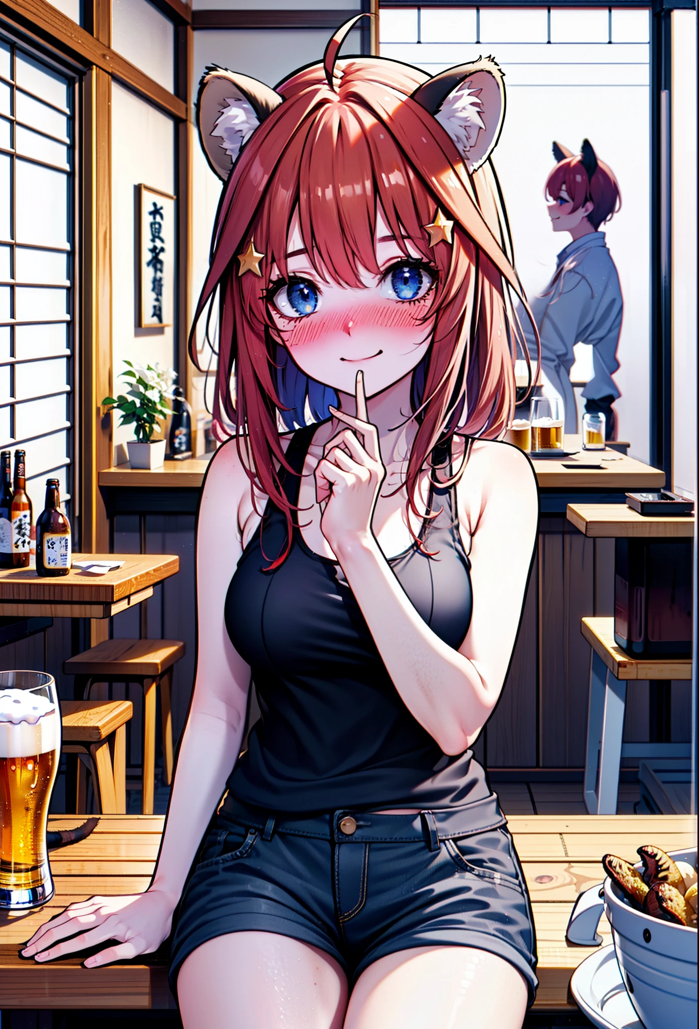 Satsuki Nakano, itsuki nakano, bangs, blue eyes, Hair between the eyes, Ahoge, Redhead, star \(symbol\), hair ornaments, smile,blush,star hair ornaments,Animal ears　 Raccoon Ears,Animal tails 　Tanuki's tail,happy smile, smile, Open your mouth,blush,Drunk,White Hat,Red Tank Top,Shorts,Sandals,Beer and food on the table,Sitting in a chair,
break indoors, Izakaya,
break looking at viewer, (Cowboy Shot:1.5),
break (masterpiece:1.2), Highest quality, High resolution, unity 8k wallpaper, (figure:0.8), (Beautiful attention to detail:1.6), Highly detailed face, Perfect lighting, Highly detailed CG, (Perfect hands, Perfect Anatomy),