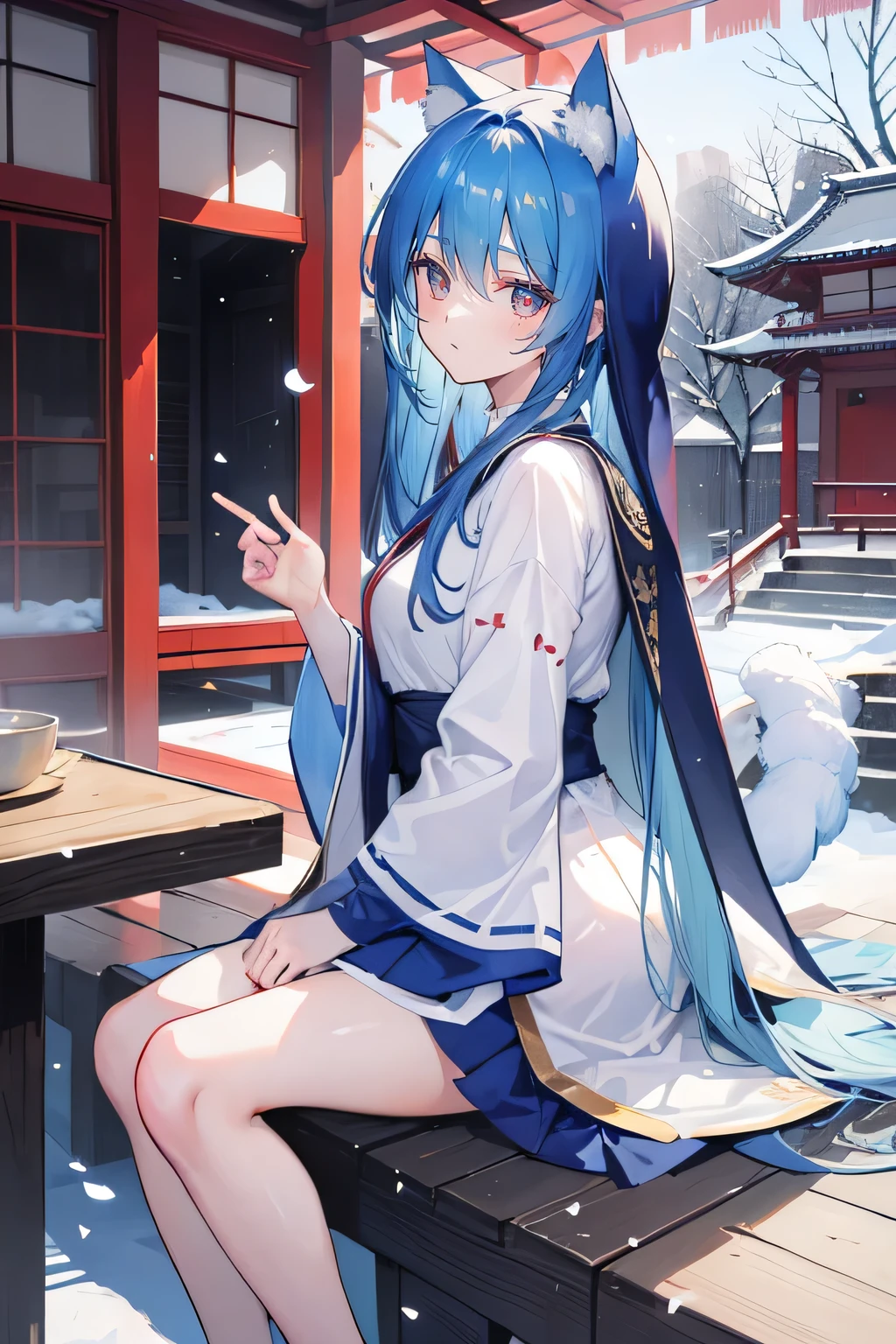 （masterpiece：1.2），Super detailed，lifelike，Expressive eyes，fair skin，perfect face shape，1 girl，
Japanese comics,Gorgeous blue hair,flowing blue hair,flowing clothes,Cat ears,Petals fall,beautiful lola,Baby Angel,
Shaking head with one hand，Cross your legs，Gentle and peaceful background，The pavilion is cool and comfortable,smile, background of tokyo,back views,snowing, winter，Nun&#39;s Clothes，Church Background。