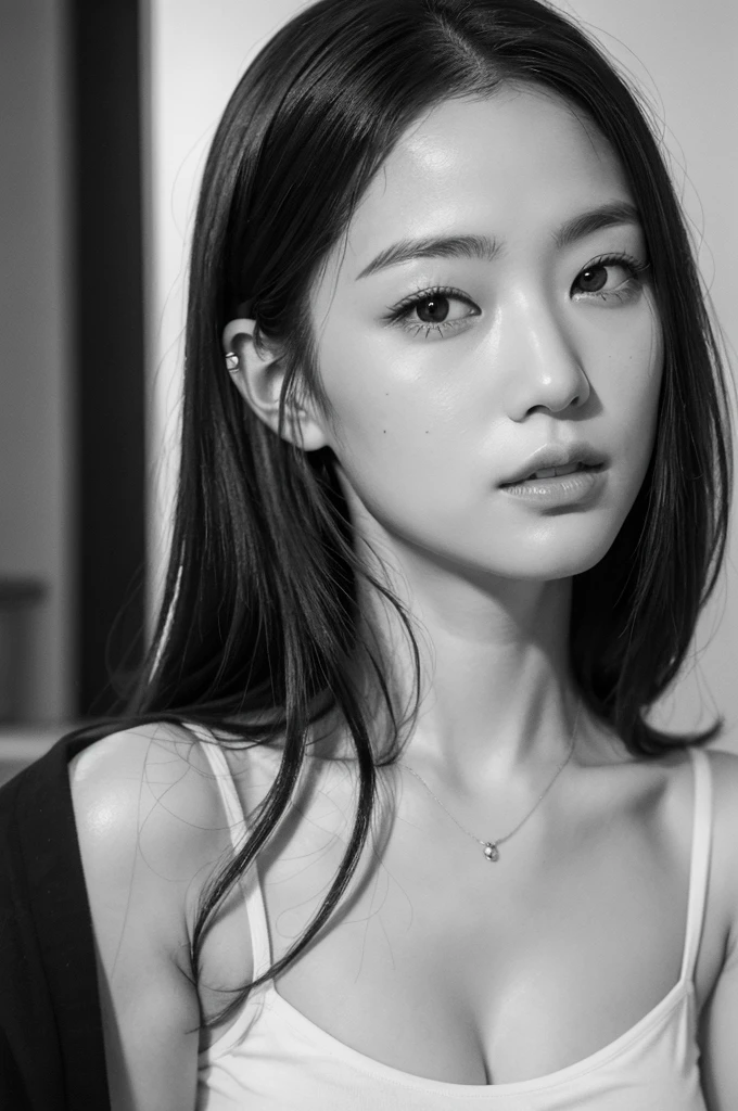 ((Highest quality)), ((8K)), ((masterpiece: 1.3)), (Perfect appearance), (Photorealism: 1.6), (Ultra-high resolution), (Monochrome), (JMA), (AIF), (Japanese Matureの肖像画), (Mature Woman'profile), (60 years old, Japanese Mature), ((Realistic skin texture)), ((Realistic skin texture)), (Fine wrinkles all over the skin), (Dullness), (Facial wrinkles), (Wrinkles around the eyes), double eyelid, Tear bags under the eyelids, Gazing into the distance, Short bangs, Curly long hair,