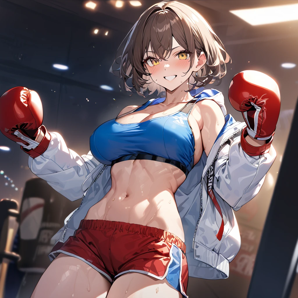 A woman wearing a short blue shirt, sporty abdomen, defined abdomen, exposed shoulder, large breasts, wearing a long white leather jacket with blue details, a hooded jacket, wearing large boxer shorts, red shorts with a white stripe, boxing belt, wearing big red boxer glove, smiling, brown hair, short hair, yellow eyes, in a boxer ring, lighting place, sweaty mess, standing posture,UHD , prime work , accurate , anatomically correct , textured skin , super details , high quality , best quality, 8k, high resolution, bokeh effect. (woman alone)

