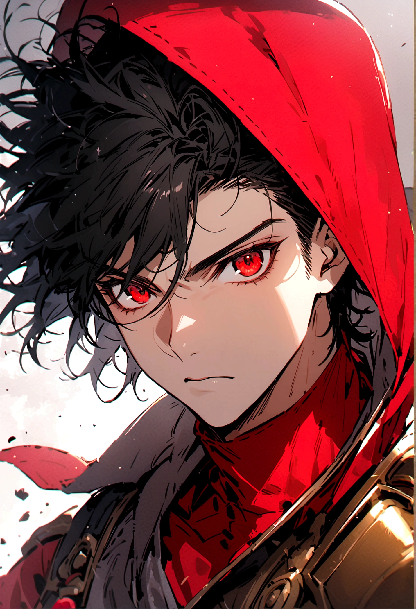 masculine man, high , muscular , armadura negra de metal sin casco y capa de color rojo, short black hair combed back and Red eyes ,24 years old , de frente