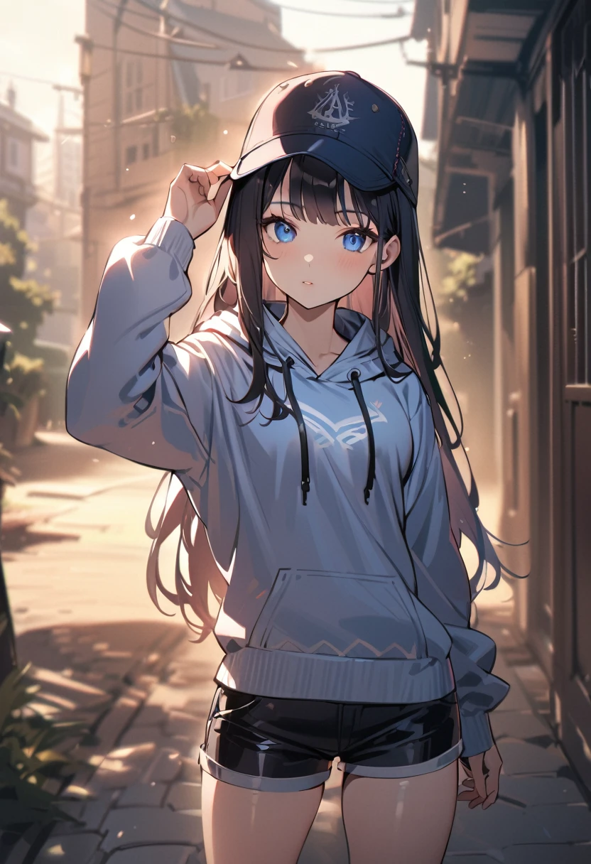 1 girl, long hair, black hair, straight hair, short bangs above brows, blue eyes, one hand on head wear
BREAK (masterpiece), (high resolution 8K), cinematic lighting, professional lighting, detailed eyes and face, detailed body,
BREAK hoodie, shorts, cap,
BREAK outdoors, sunbeam, cowboy shot,