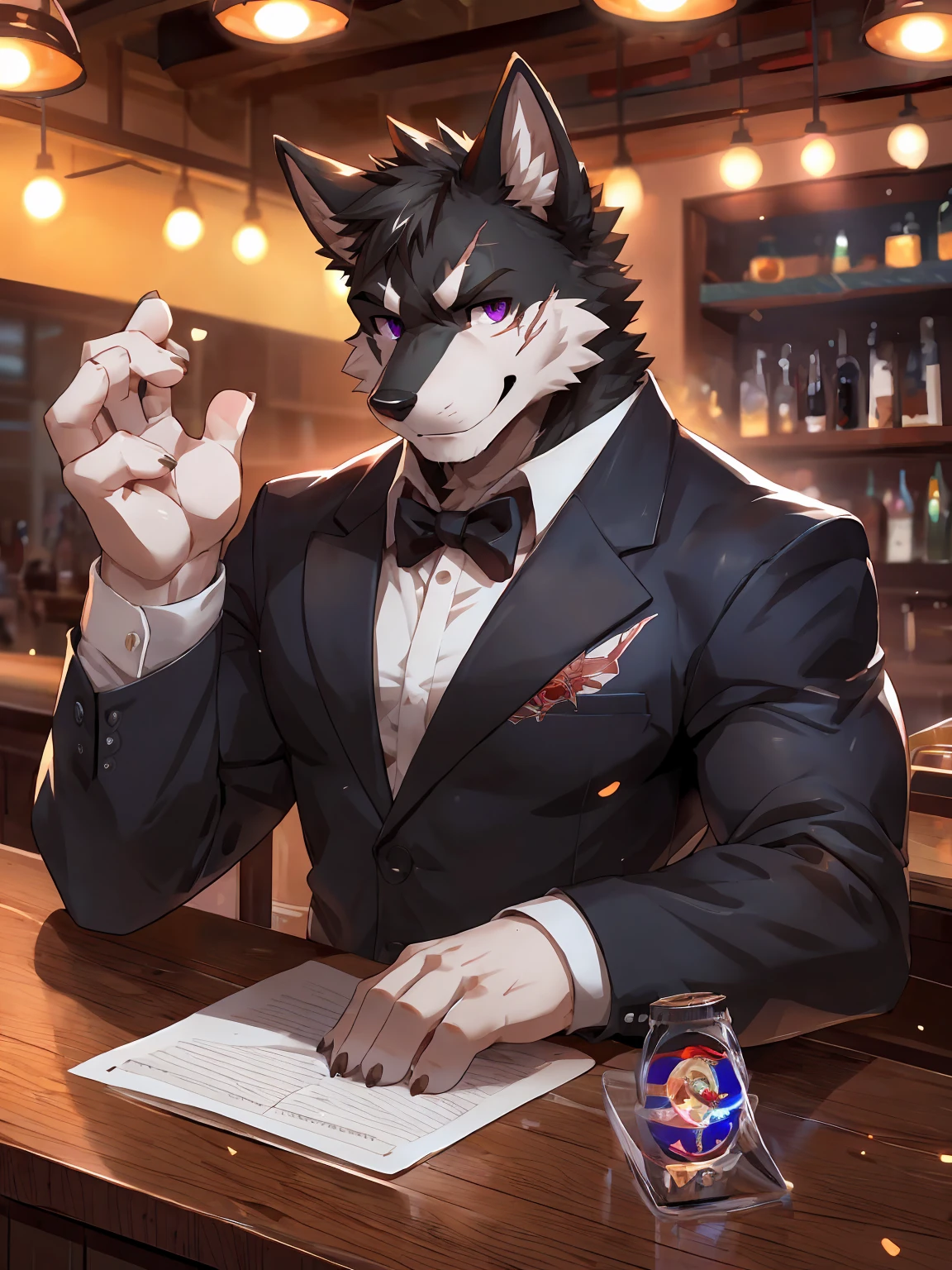 embedding:Black wolf,male, Purple eyes,Scar on the face, Single Person,The mob boss,Tattoo,Black suit,At the bar,happy,Smart,Adult male,Handsome,Best quality hands, best quality eye,detailed fur,Delicate eyes.Extreme picture quality,by sollyz,by zixiong,by null_ghost
