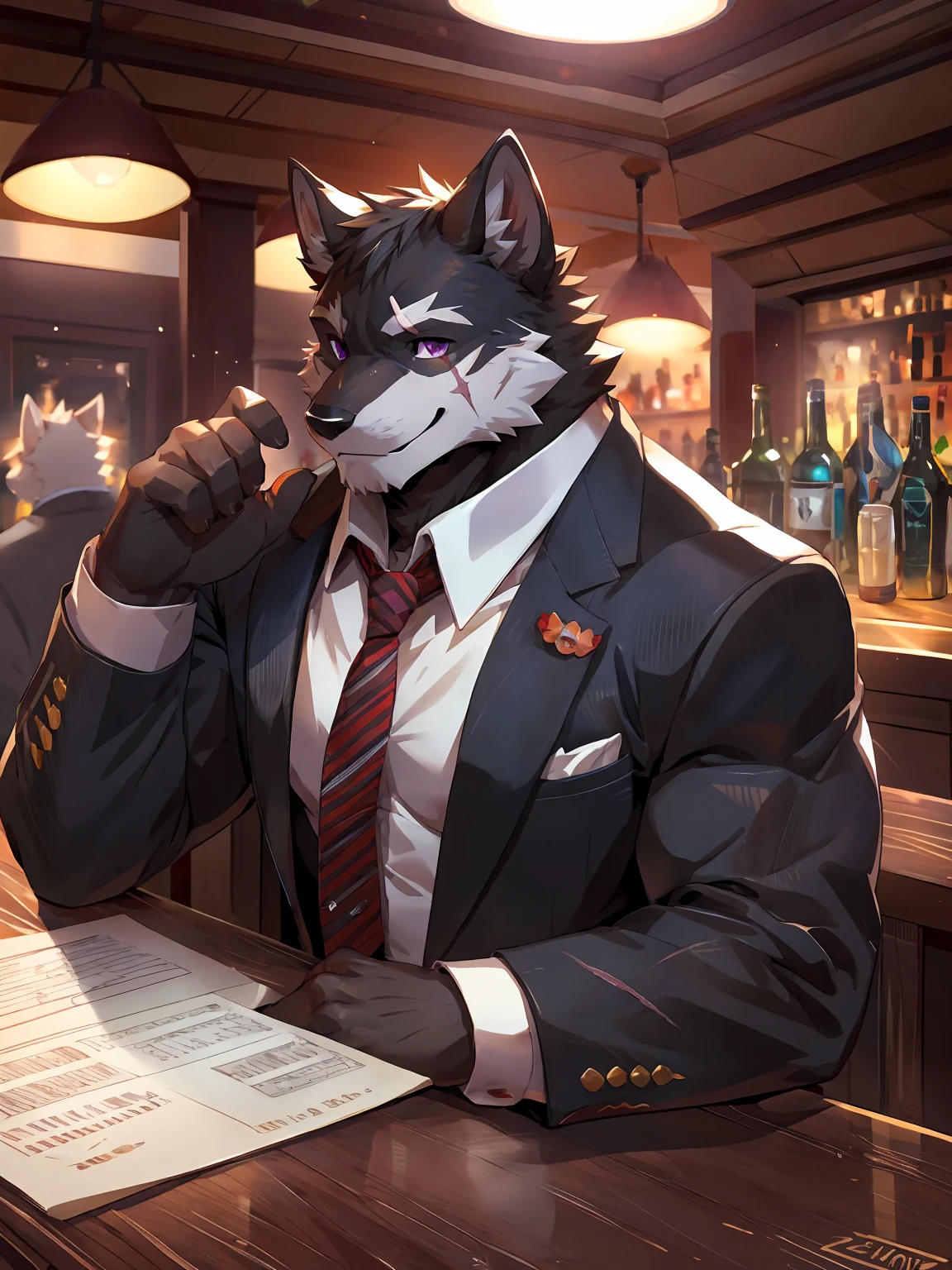 embedding:Black wolf,male, Purple eyes,Scar on the face, Single Person,The mob boss,Tattoo,Black suit,At the bar,happy,Smart,Adult male,Handsome,Best quality hands, best quality eye,detailed fur,Delicate eyes.Extreme picture quality,by sollyz,by zixiong,by null_ghost