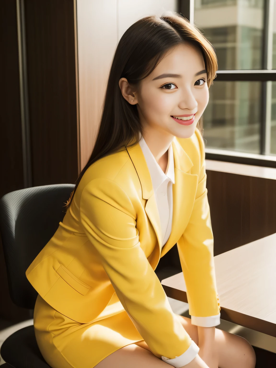 ((Highest quality, 8K, masterpiece: 1.3)), beautiful girl, Pure, Melon face, Kind and cute, sweet smile, Pure desire, Slender body, (front), (Tilt your head), ((Looking into the camera) ), Yellow office suit and short skirt, long black hair, length, Flowing shoulders, big, round, Iris, clear, Big eyes, Moist red lips, sweet, Sitting in the office, Office Background, Randomly oriented bodies, (whole body),