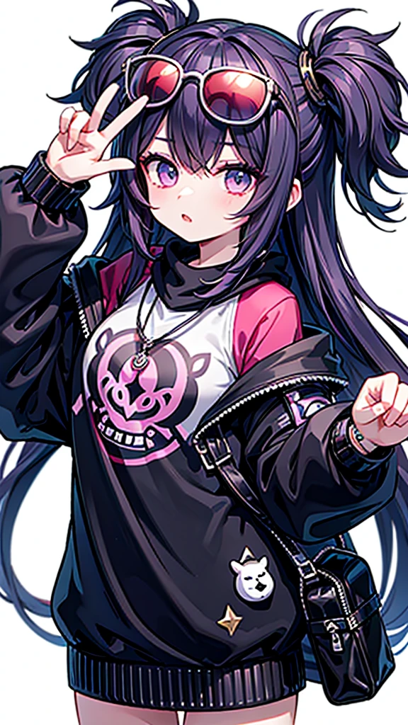 fashion, sweatshirt, Bie gesture, wearing sunglasses, looking at the photographer, blank background, bracelet,lulu (league of legends),1girl,Lulu（League of Legends）