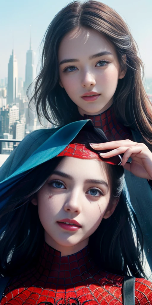 (1 girl:1.3), Alone, (((Very detailed face)))), ((Very detailed eyes and face.)))), beautifuls detalles ojos, body parts__, Official Art, unified 8k wallpaper, super detailed, beautiful and beautiful, beautiful, Masterpiece, Best Quality, Original, Masterpiece, super fine photo, Best Quality, super high resolution, realistic realism, sunlight, Full length portrait, extraordinary beauty, dynamic pose, delicate face, vibrant eyes, (FROM THE FRONT), He wears a Spider-Man suit., red and black color scheme, spider, fondo muy detallado del Ceiling de la ciudad, Ceiling, with city views, detailed face, detailed complex busy background, disordered, gorgeous, milky white, very detailed skin, realistic skin details, visible pores, clear focus, volumetric fog, 8k hd, DSLR, high quality, film grain, White skin, photographic realism, lomography, Futuristic dystopian megalopolis, translucent