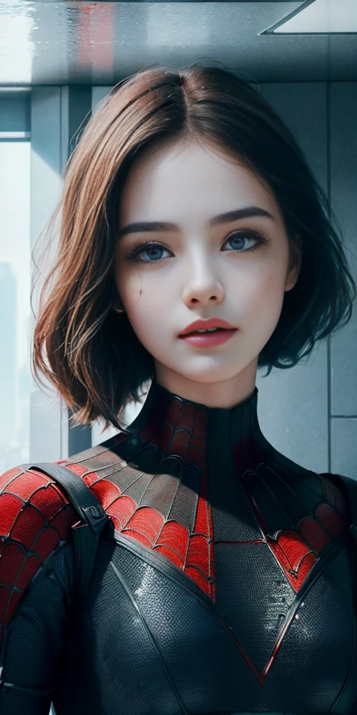 (1 girl:1.3), Alone, (((Very detailed face)))), ((Very detailed eyes and face.)))), beautifuls detalles ojos, body parts__, Official Art, unified 8k wallpaper, super detailed, beautiful and beautiful, beautiful, Masterpiece, Best Quality, Original, Masterpiece, super fine photo, Best Quality, super high resolution, realistic realism, sunlight, Full length portrait, extraordinary beauty, dynamic pose, delicate face, vibrant eyes, (FROM THE FRONT), He wears a Spider-Man suit., red and black color scheme, spider, fondo muy detallado del Ceiling de la ciudad, Ceiling, with city views, detailed face, detailed complex busy background, disordered, gorgeous, milky white, very detailed skin, realistic skin details, visible pores, clear focus, volumetric fog, 8k hd, DSLR, high quality, film grain, White skin, photographic realism, lomography, Futuristic dystopian megalopolis, translucent