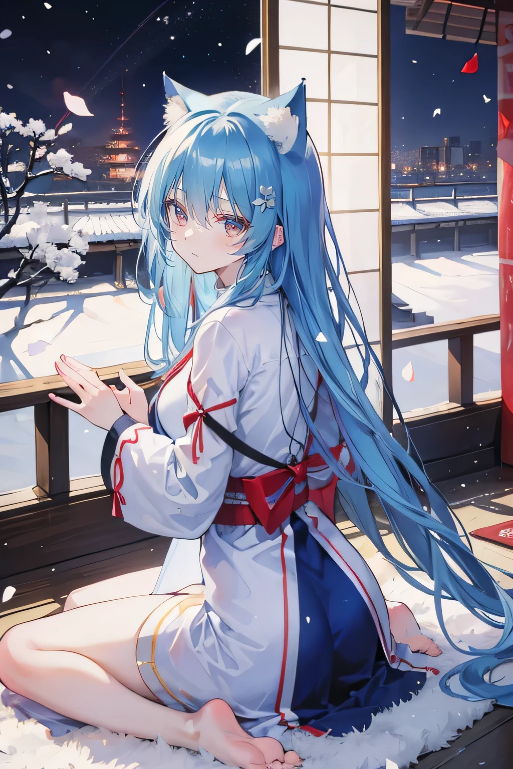 (masterpiece:1.2),Super detailed,lifelike,Expressive eyes,fair skin,perfect face shape,1 girl,
Japanese comics,Gorgeous blue hair,flowing blue hair,flowing clothes,Cat ears,Petals fall,beautiful lola,Baby Angel,
Shaking head with one hand,Cross your legs,Gentle and peaceful background,The pavilion is cool and comfortable,smile, background of tokyo,back views,snowing, winter,Nun's Clothes,Church Background。