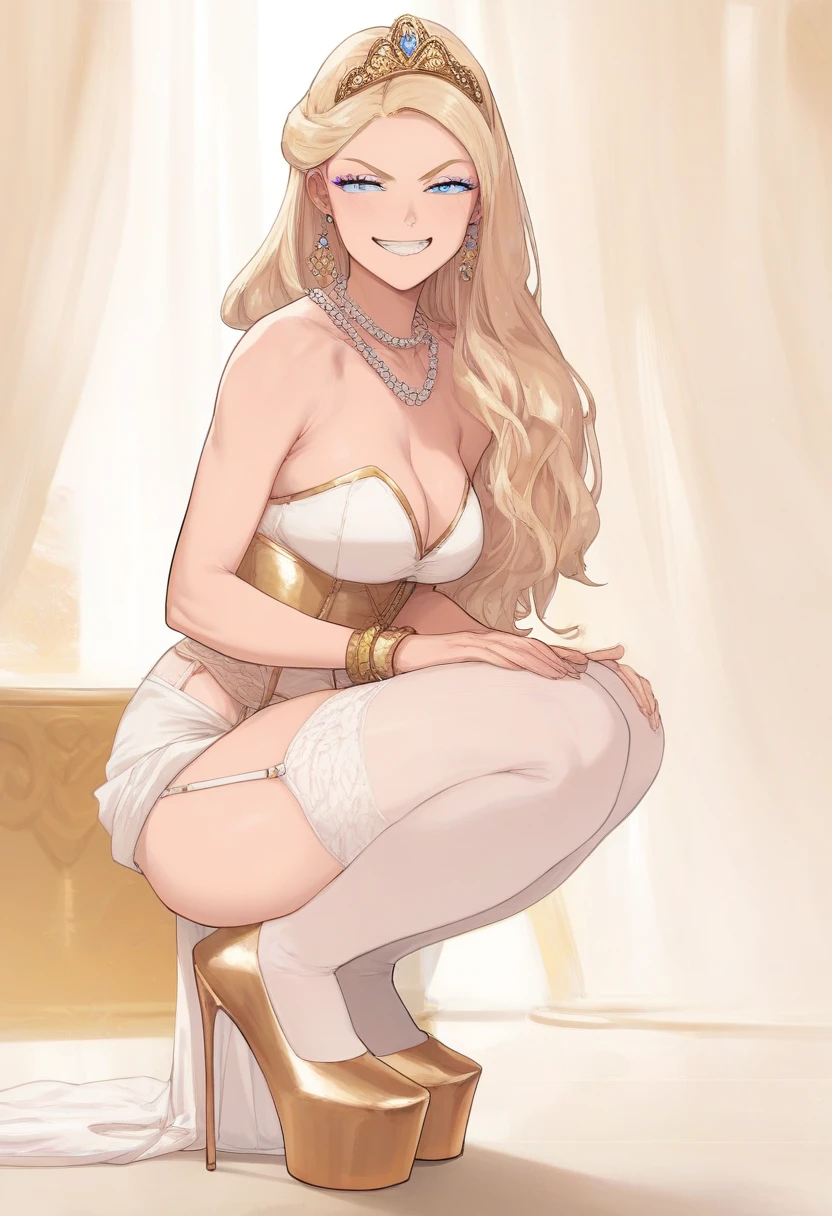 score_9, score_8_up, score_7_up, score_6_up, 1girl, long blonde hair, straight hair, gold tiara, pearl necklace, golden bracelets, earrings, playful expression, cute squint, grin, smug, teasing, smile, bold eyeshadow:1.2, blonde hair, long hair, squatting, royal dress, gold and white dress, royal room, gold  platform high heels, tekuult,  fully fashioned stockings, garter belt, corset, sitting on a fancy chair,