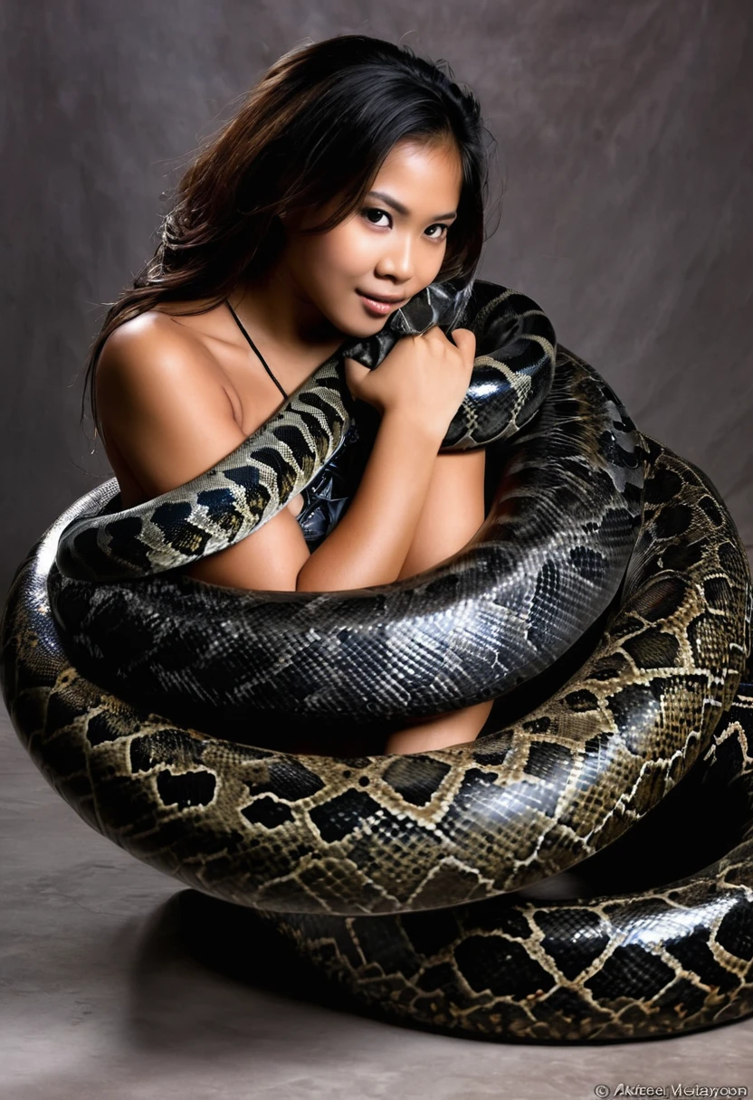Happy , aroused 1girl), beautiful kneeling Filipino young teen with giant colossal black titanboa eezing her hard, wrapped in thick spiraling coils, constricted, struggle, gasping for air, snake attack, snake peril, moonless night, dim light