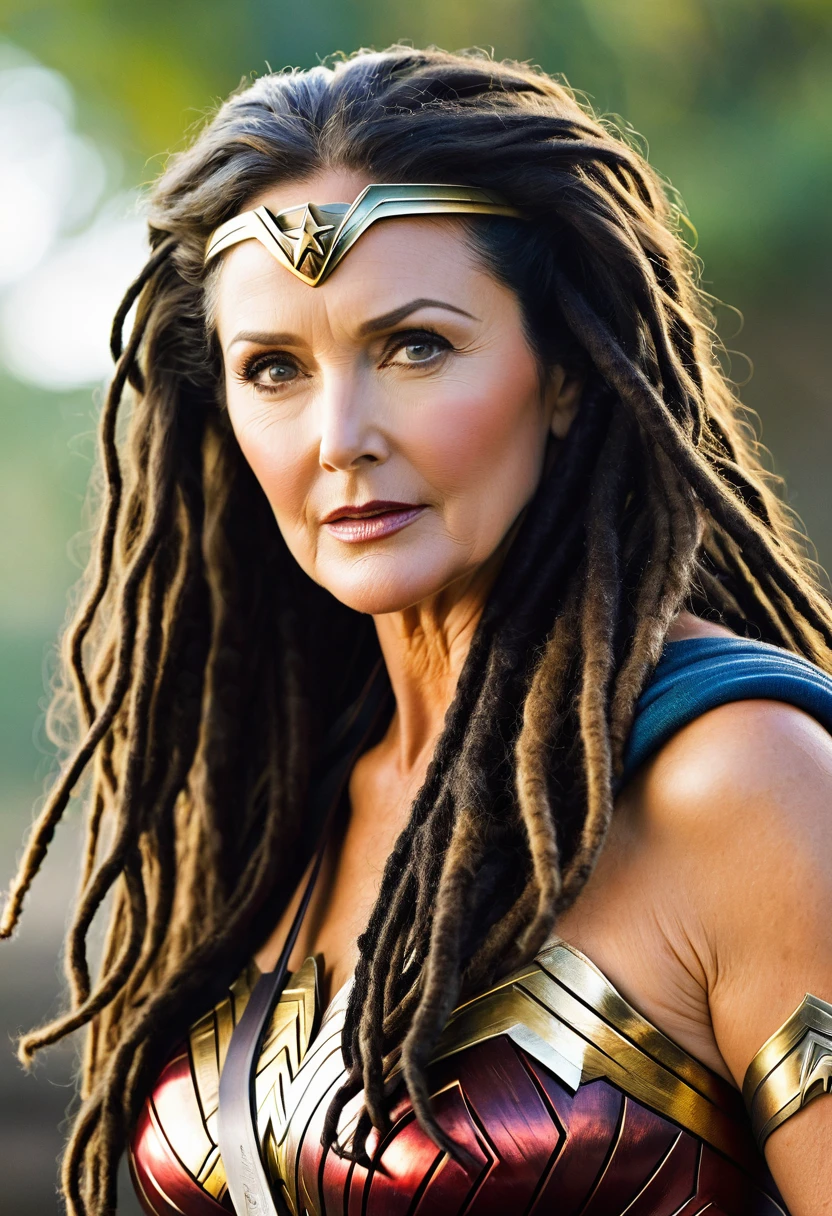 (((In extreme close-up, a woman with a mature face Lynda Carter under the mantle of the Amazon warrior Wonder Woman (((Dreadlocks black hair Largo))),Splash color images))),(((black hair))),(((Abundant hair)))