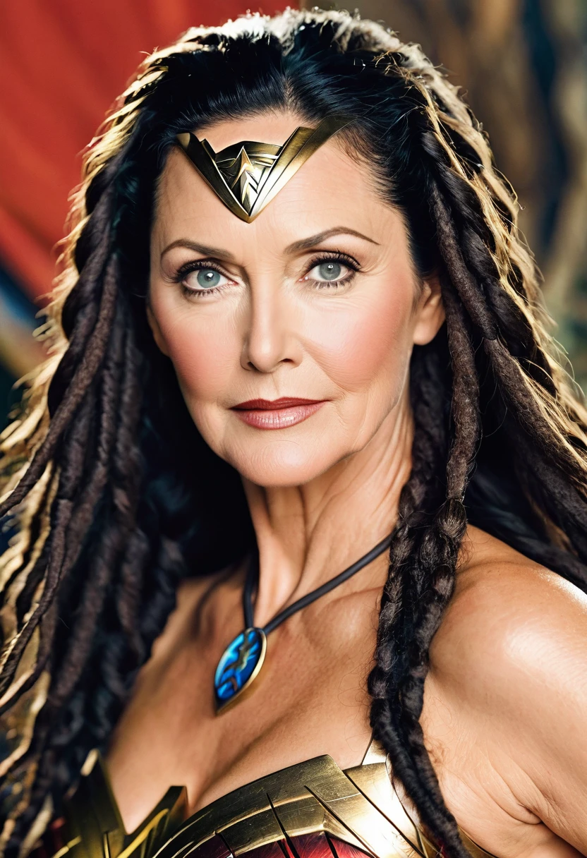 (((In extreme close-up, a woman with a mature face Lynda Carter under the mantle of the Amazon warrior Wonder Woman (((Dreadlocks black hair Largo))),Splash color images))),(((black hair))),(((Abundant hair)))