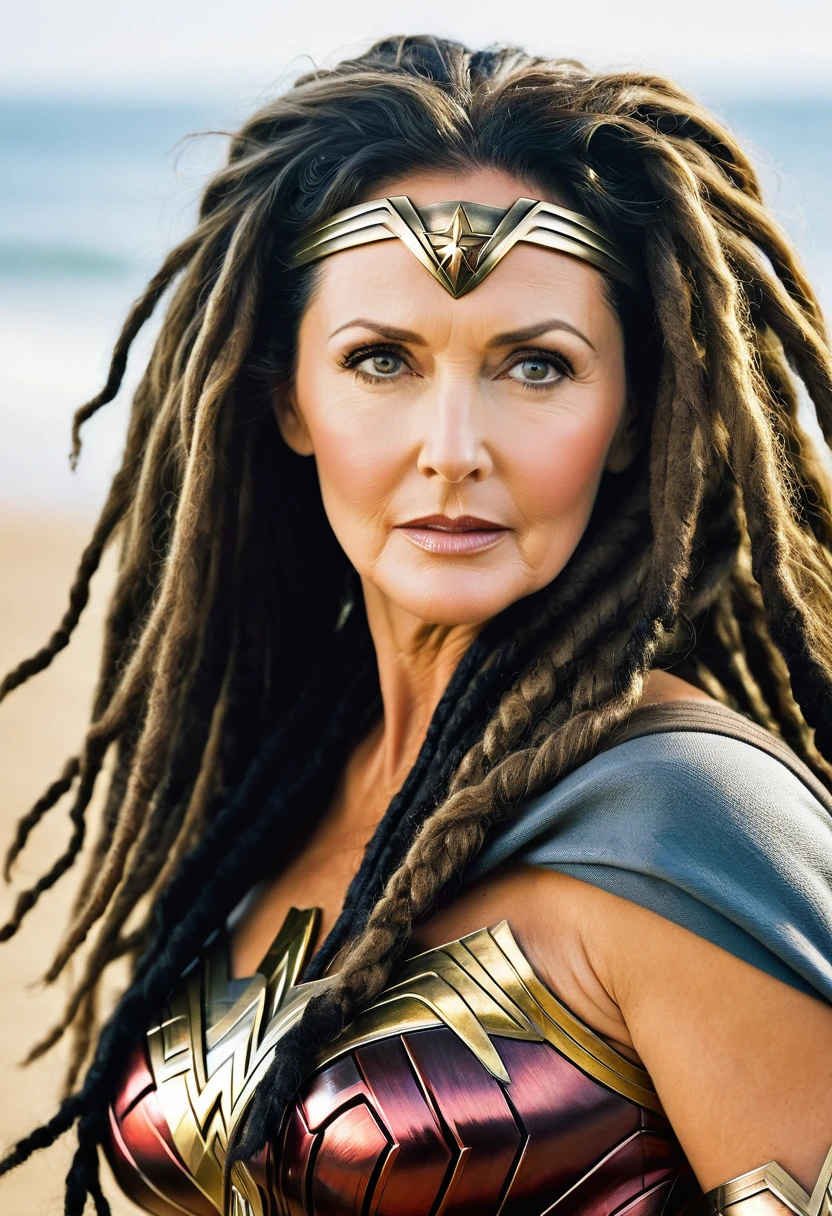 (((In extreme close-up, a woman with a mature face Lynda Carter under the mantle of the Amazon warrior Wonder Woman (((Dreadlocks black hair Largo))),Splash color images))),(((black hair))),(((Abundant hair)))