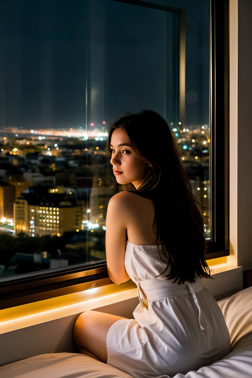 ((Best Quality)), ((Masterpiece)), (detailed), 1 girl watching the city, sitting in bed, watching city from tall building, night atmosphere with lights