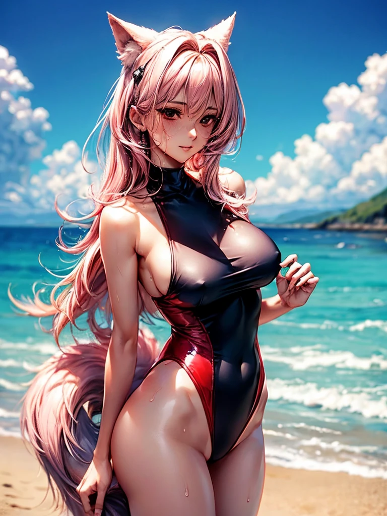 top quality、masterpiece、very high resolution、Ultra high quality、High quality pixels)、perfect eyes, perfect face, Perfect body，alone，8k, Big breasts，(Detailed description of hair), (Detailed description of face),(detailed description of body), Fair and translucent skin, gorgeous, long legs, Detailed expression of light pink hair, Details have been updated，(opaque light pink Eye color: 1.1)，model pose，wolf ears，pink wolf tail, poetic environment, girlfriend ssmile, Russian face feature, gentle expression, beach side, cowboy shot, tall, red and black swimsuit only, natural hanging hair, sweating