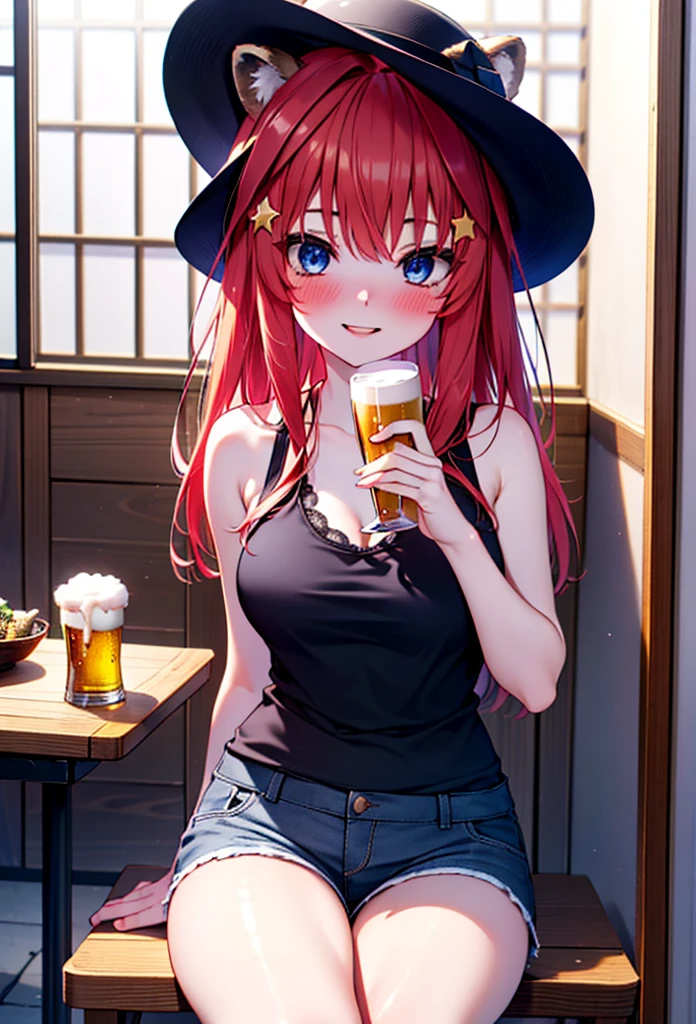 Satsuki Nakano, itsuki nakano, bangs, blue eyes, Hair between the eyes, Ahoge, Redhead, star \(symbol\), hair ornaments, smile,blush,star hair ornaments,Animal ears　 Raccoon Ears,raccoon tail,happy smile, smile, Open your mouth,blush,Drunk,White Hat,Red Tank Top,Shorts,Sandals,Beer and food on the table,Sitting in a chair,
break indoors, Izakaya,
break looking at viewer, (Cowboy Shot:1.5),
break (masterpiece:1.2), Highest quality, High resolution, unity 8k wallpaper, (figure:0.8), (Beautiful attention to detail:1.6), Highly detailed face, Perfect lighting, Highly detailed CG, (Perfect hands, Perfect Anatomy),