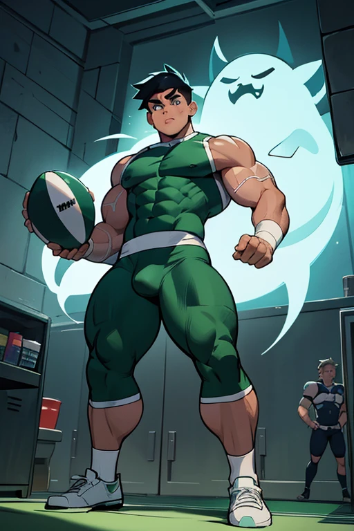 Danny Phantom, ghost, hypnosis, jock, conversion, locker room, hyper muscles, jockstrap, bro, meathead, hypnotized, brainwashed, brainwashing, big dumb jock, football. Danny Fenton is hypnotized by Dash to become another dumb football jock bro. Glowing green eyes. Hyper crotch bulge. Big biceps. Big triceps. Big traps. Broad shoulders. Big meaty pecs. Big thighs. Thick glutes. Football team assimilation. "Me? On the football team? With DASH? Are you crazy?! I would–! I would—! I ... I ... WOULD LOVE TO, BRO. Why didn't you ask me sooner...?" glazed expression. dumber and dumber.