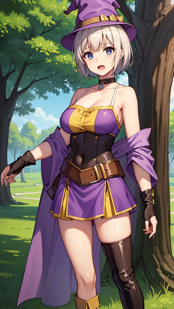 masterpiece, best quality, highres, large breasts, yellow top, bare shoulders, detached sleeves, short hair, brown hair, yellow eyes, navel, black shorts shorts, tall leather boots, purple witch hat, purple robe, choker, blue eyes, short hair, white hair, skirt, purple boots, happy, open mouth, cowboy shot, Forrest