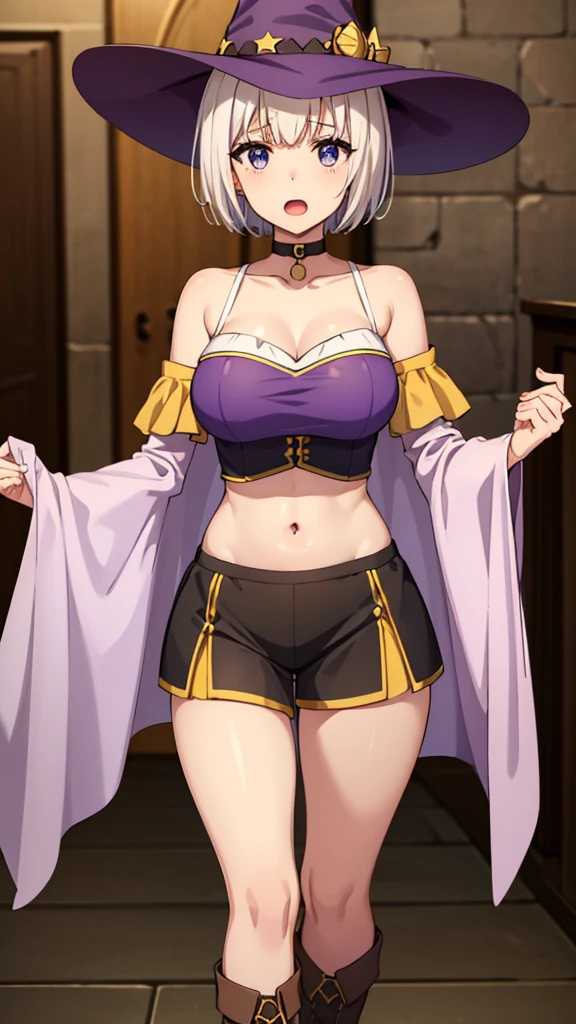 masterpiece, best quality, highres, large breasts, yellow top, bare shoulders, detached sleeves, short hair, brown hair, yellow eyes, navel, black shorts shorts, tall leather boots, purple witch hat, purple robe, choker, blue eyes, short hair, white hair, skirt, purple boots, happy, open mouth, cowboy shot, Forrest