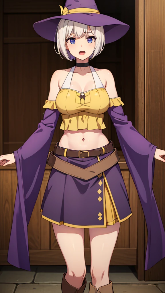 masterpiece, best quality, highres, large breasts, yellow top, bare shoulders, detached sleeves, short hair, brown hair, yellow eyes, navel, black shorts shorts, tall leather boots, purple witch hat, purple robe, choker, blue eyes, short hair, white hair, skirt, purple boots, happy, open mouth, cowboy shot, Forrest