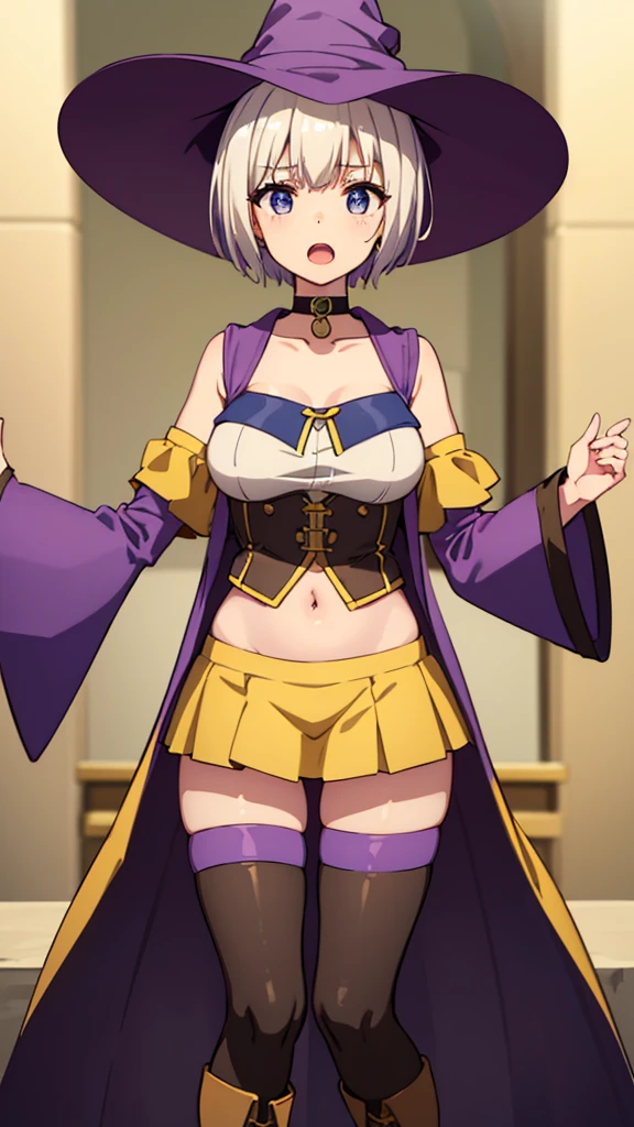 masterpiece, best quality, highres, large breasts, yellow top, bare shoulders, detached sleeves, short hair, brown hair, yellow eyes, navel, black shorts shorts, tall leather boots, purple witch hat, purple robe, choker, blue eyes, short hair, white hair, skirt, purple boots, happy, open mouth, cowboy shot, Forrest