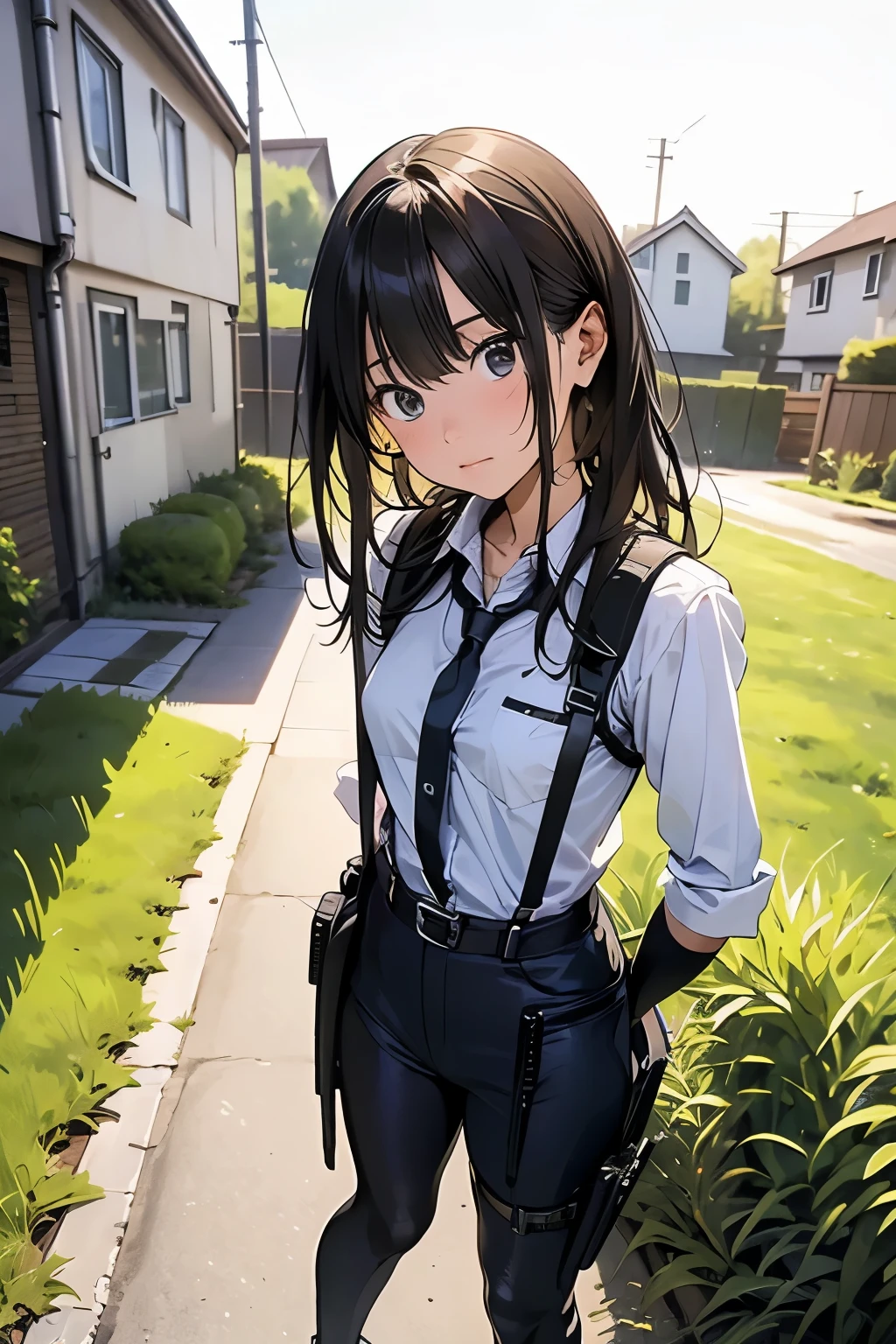 high quality, masterpiece, Ultra-high resolution, (realism: 1.4), Oil painting style, Cinema Lighting, An endless grassland dotted with a few houses, I stood on the empty asphalt road and looked at it., Fairy Mountain々was shrouded in mist, And the suspenders with the cranes flying　　　Moderate breasts　 　 　　　　Small face　 　　　holster　　　　　　　 Lying in bed　Looking up　　　　Sweat 　　　belt　summer　脇Sweat 　Black Hole Gloves　suit　shirt　　Black jacket　 Black trousers　Leg Links　ズボンにbelt　　holster　 　　Hands behind your back　 Anxious expression　Looking up　Anxious face
