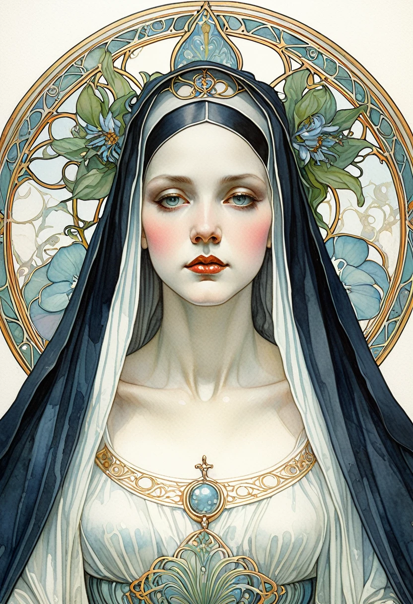 An ultrafine detailed watercolor painting of a gorgeous evil nun flowers in her hair, in the style of Alphonse Maria Mucha and Gustav Kilmt, art nouveau accents, fairy princess, anthropomorphic female, female figure, detailed cover artwork, as the goddess of the flowers, Alphonse Mucha, Gustav Klimt, pale bluish skin, a marble sculpture, cgsociety, gothic art, art nouveau, behance contest winner
