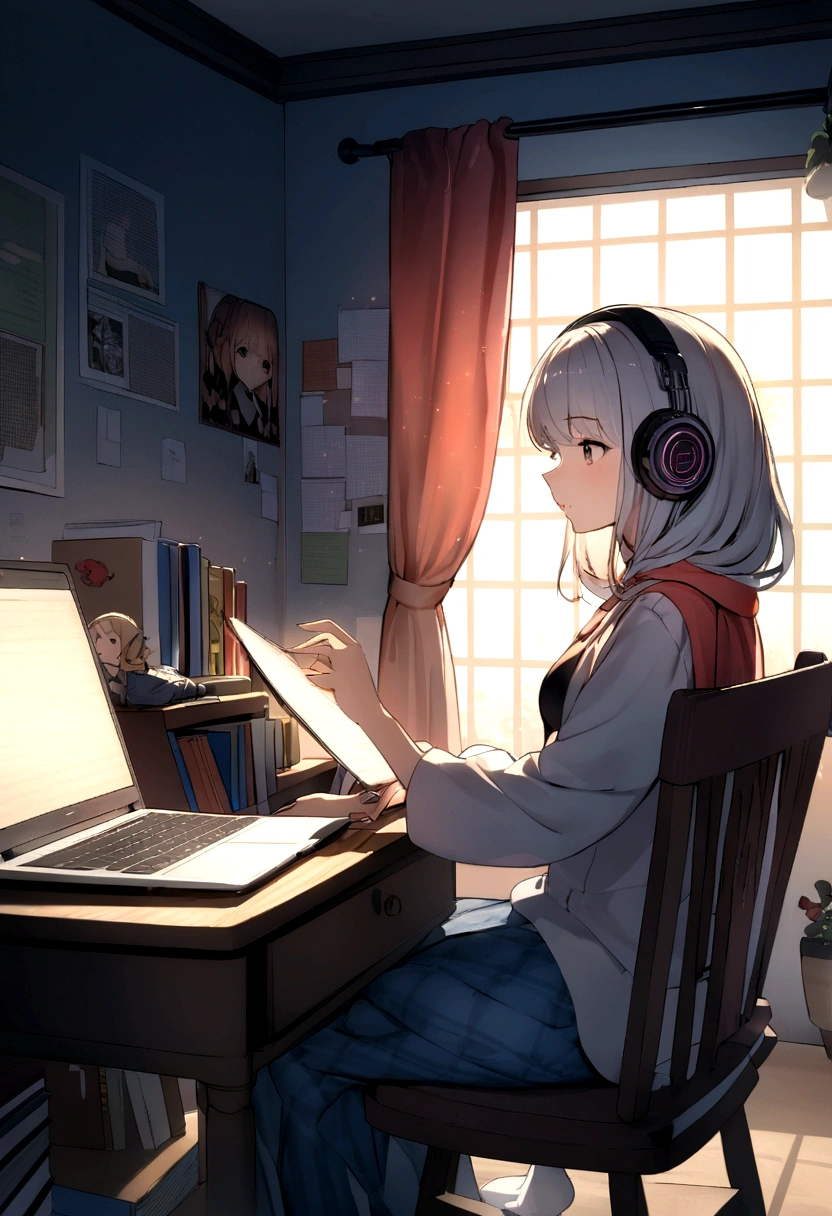 Inside a cozy room, immersed in studying, curtains are partially closed, Soft moonlight creates dancing shadows on the wall. A desk lamp casts a warm light on a desk piled with books., notebook and laptop. the person is sitting comfortably in a chair, Headphones that fit comfortably on your ears, connect her to the sonic world of her chosen music. while she was immersed in her studies、There is a faint smile on the lips, Get inspired by the notes that fill the air. fingers move in a coordinated manner, Laptop keyboard and note page switching, keep up with the rhythm of the music. The sound of music flows in smooth harmony., Create an immersive atmosphere. Each note seems to lift people&#39;s hearts., increase energy and concentration. She gently shook her head to the beat of the music., It&#39;s like being in your own world, I don&#39;t notice external worries. Music acts as a motivating force, Make study time more fun、make it exciting. The chords and lyrics blend into the calm atmosphere of the room.。, people absorb knowledge、Encouraging you to fall in love with the mystery of learning、creating a personal symphony. A scene depicting the unique fusion of solitary study and music, Transform the intimate environment of your bedroom into a learning space, and the music、Fuel your mind and spirit to achieve your academic goals。. HDR,8K,surreal,Beautiful soft light studio,vivid details,anatomical,elegant,sharp focus,studio photography,art station trends,very detailed,polarizing filter 