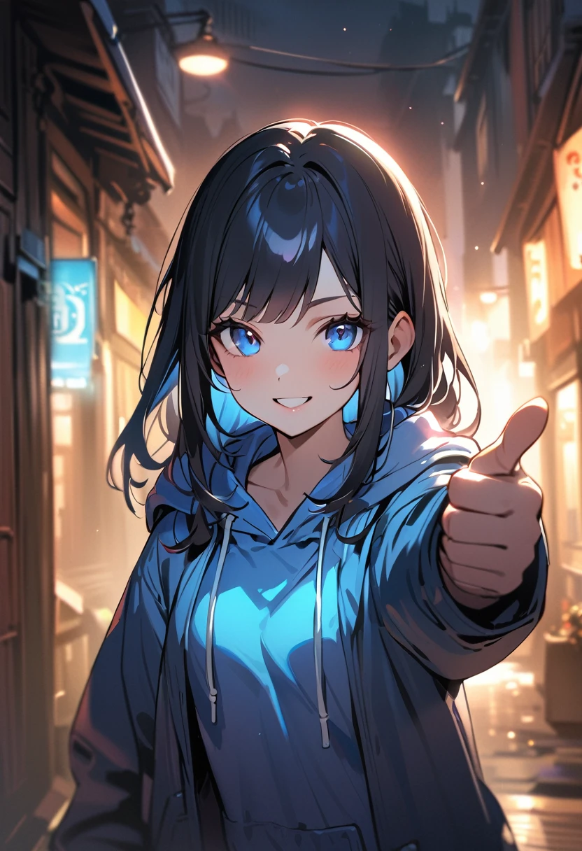 1 girl, long hair, black hair, straight hair, short bangs above brows, blue eyes, thumbs up, smile,
BREAK (masterpiece), (high resolution 8K), cinematic lighting, professional lighting, detailed eyes and face, detailed body,
BREAK hoodie, shorts,
BREAK outdoors, portrait,