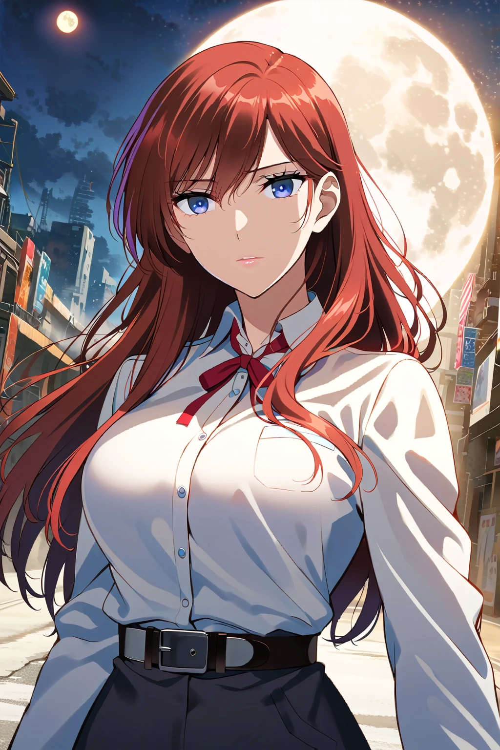 (Ultra-detailed illustrations:1.2),Standing in front of a full moon、Anime girl with long red hair and white shirt, kurisu makise steins gate anime, kurisu makise, Female Anime Characters, Female Action Anime Girl, Misato Katsuragi, Portrait of a female anime hero, Inspired by Ryusei Kishida, makise kurisu