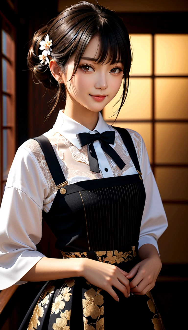 (Top quality, 8K, masterpiece: 1.3)), 1 Girl, Japanese woman, goddess, 15 years old, Portrait Photography, High contrast, Divine Perspective, Aperture F1.2, Focal length 24mm, (whole body: 1.2), Smile, Photo poses, detailed lace, Suspender Skirt, Simple cutting dress, Brand clothing, Simple cutting, Black long hair, tie hair, Extremely detailed skin details, Fine fabric texture