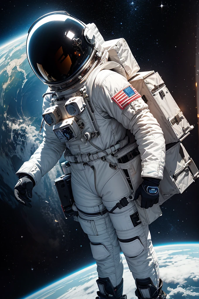 Create a detailed illustration of a standing astronaut, facing forward, suited up in full space gear, including helmet, gloves, and boots, with a backdrop suggestive of outer space.