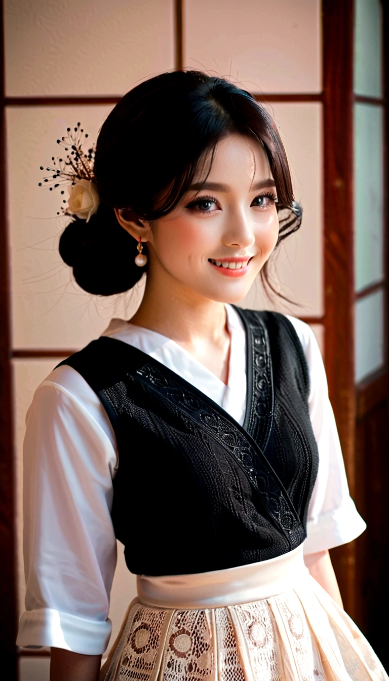 (Top quality, 8K, masterpiece: 1.3)), 1 Girl, Japanese woman, goddess, , Portrait Photography, High contrast, Divine Perspective, Aperture F1.2, Focal length 24mm, (whole body: 1.2), Smile, Photo poses, detailed lace, Suspender Skirt, Simple cutting dress, Brand clothing, Simple cutting, Black long hair, tie hair, Extremely detailed skin details, Fine fabric texture