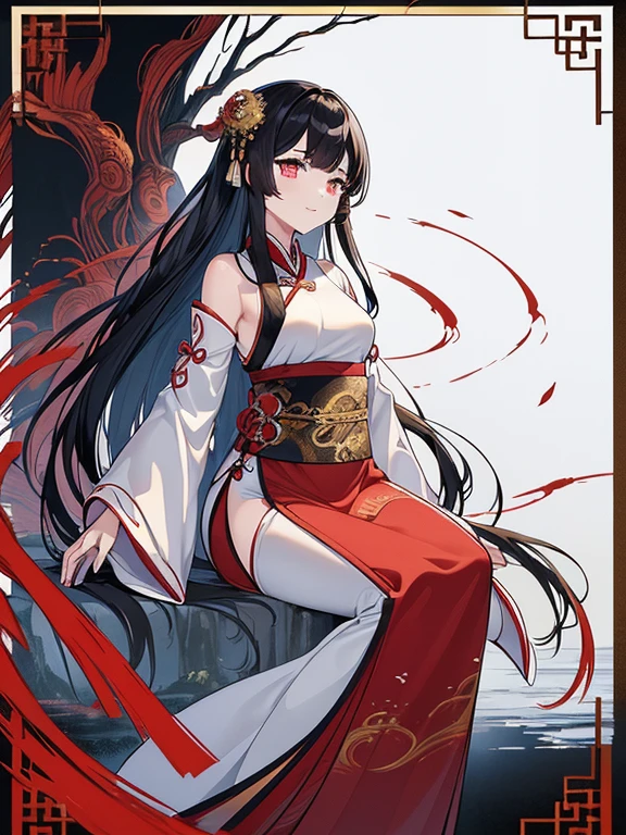 (Divine Beast), Nine-Tailed Fox, Dynamic Body Type, (Chinese Monster), good looking, splashed Ink, Chinese, One girl, ((whole body), ((2.5D)), Floating Hair, Beautiful Eyes, Delicate eyes, Delicate silhouette, Fantasy art, (Antique black and red brocade hanfu), Fob, (masterpiece), Front shot, Landscape Portrait, White Background, (Movie Posters), sharp, splash, cloud, petal, nullの, null, (Wide-angle lens), Overlooking