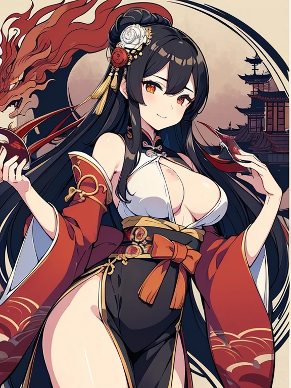 (Divine Beast), Nine-Tailed Fox, Dynamic Body Type, (Chinese Monster), good looking, splashed Ink, Chinese, One girl, ((whole body), ((2.5D)), Floating Hair, Beautiful Eyes, Delicate eyes, Delicate silhouette, Fantasy art, (Antique black and red brocade hanfu), Fob, (masterpiece), Front shot, Landscape Portrait, White Background, (Movie Posters), sharp, splash, cloud, petal, nullの, null, (Wide-angle lens), Overlooking