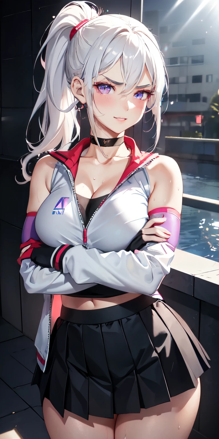realistic, 1girl, ponytail, parted lips, blush, makeup, light smile, white hair, sportswear, skirt, wet clothes, glow, thighs, purple eye, bare shoulders, collarbone, narrow waist, sunbeam, sunlight, rose, wind, cleavage, (masterpiece), sweat, (best quality:1.2),solo,1girl,mdrin,smile,looking at viewer,crossed arms,ponytail,v-shaped eyebrows,white jacket,red shirt,fingerless gloves,black skirt,choker