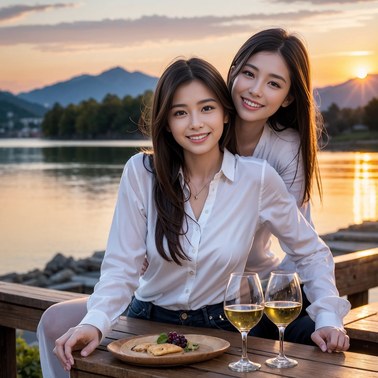 ((Highest quality、8K、masterpiece:1.3))、1 male 1 female、 years old、Slim Beauty、Pink Couple、smile、 (Slim face), (the body is スリム), (Brown Hair), (Shortcuts), テーブルのフルコースディナーとwine glass、Amazing view of the sunset sky and clouds、smileの美しさ、Wine bottle、sparkling wine、Long sleeve shirt、dress、White wine, red wine, wine glass,